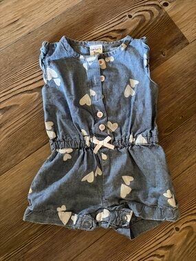 Carter's Chambray Heart-Print Romper - Blue with White Hearts
